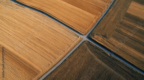 Aerial View of Agricultural Fields with Striking Patterns of Gold and Brown Tones at Harvest Time