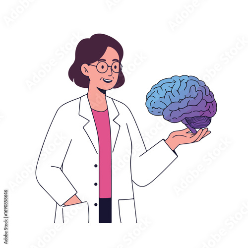 Woman in a white coat holding a brain She wears glasses and a pink top Brain has blue to purple gradient
