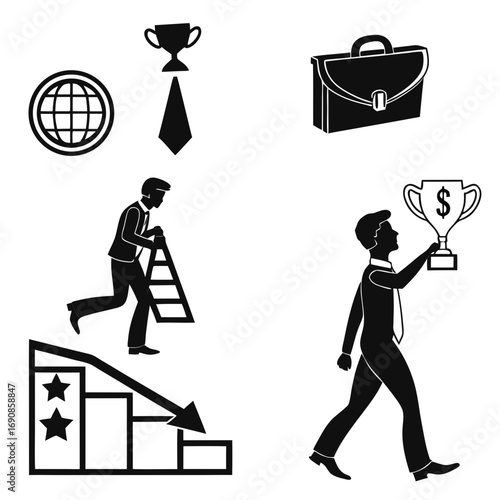 Silhouette icons representing business success and challenges including a globe trophy briefcase man climbing a ladder falling graph and a man holding a trophy with a dollar sign
