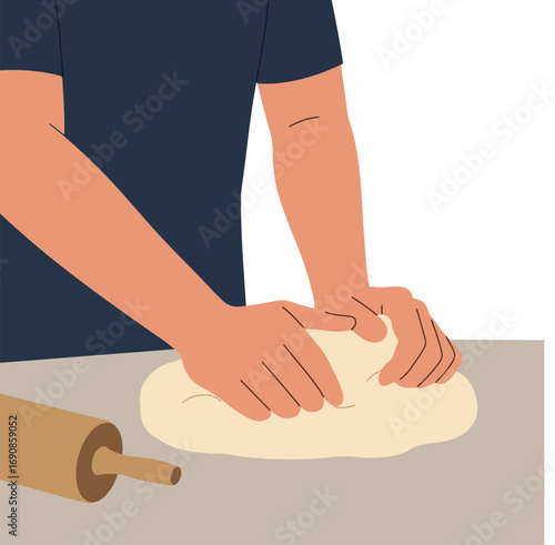 Minimalist Flat Illustration Dough Kneading Process With Rolling Pin