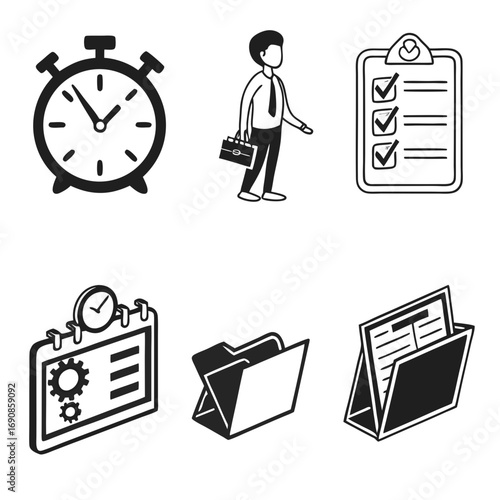 A collection of business icons representing time management task completion planning organization and workflow efficiency in a simple black and white graphic style