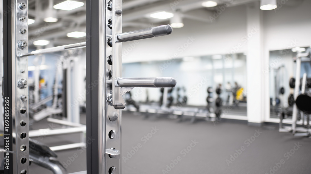 Fototapeta premium Modern fitness space featuring a single weight rack with clean lines, metallic surfaces, and soft overhead lighting.