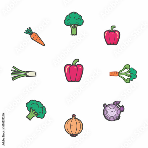 A vibrant collection of fresh vegetables, including bell peppers, carrots, onions, broccoli, and leeks, artfully arranged for a healthy lifestyle