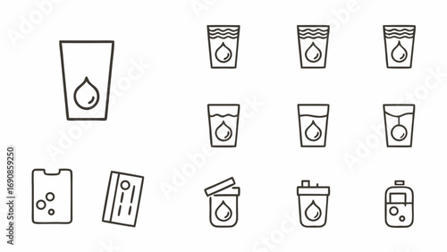 Illustration of various glass and container icons filled with liquid and water droplets in outline style