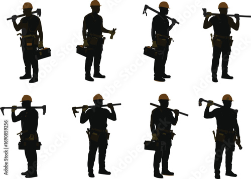 Construction worker silhouettes with crowbars, toolboxes, and safety helmets, representing manual labor, demolition tools, and heavy-duty construction work poses