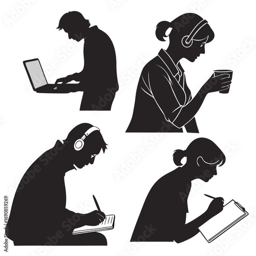 Diverse group of people in silhouette engaged in various activities including using a laptop listening to music and taking notes on paper and clipboard