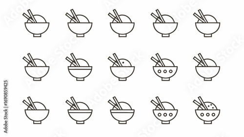 Fifteen bowls of rice with chopsticks arranged in a grid pattern on a white background showing different designs