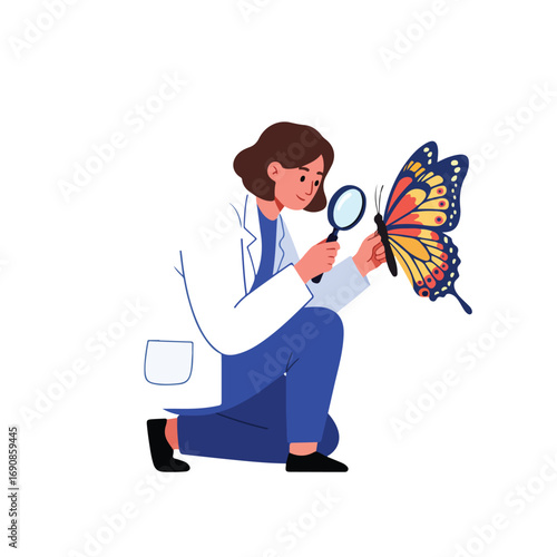 Woman in lab coat examines butterfly with magnifying glass while kneeling White background