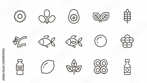 Illustration showcasing a variety of natural food sources and supplement options in a line art style