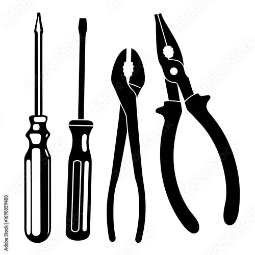 A collection of essential hand tools including two screwdrivers and two types of pliers presented as black silhouettes on a white background representing diy and repair concepts