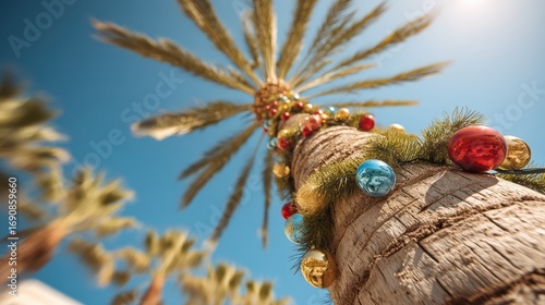 Fototapeta Naklejka Na Ścianę i Meble -  A palm tree decorated with colorful Christmas ornaments and garlands, set against a bright blue sky, creating a festive tropical holiday vibe
