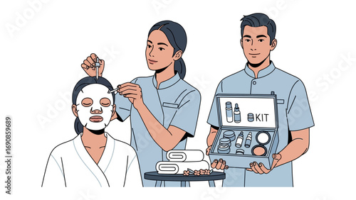 Diverse group of people demonstrating a skincare routine with a facial mask and beauty products highlighting self care and cosmetic application