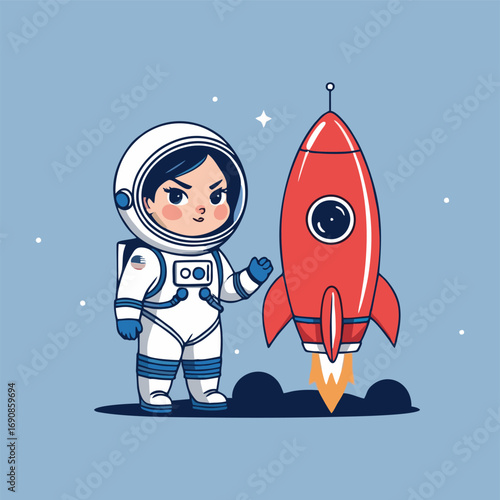 A charming illustration of a joyful astronaut peeking out from the cockpit of a decorated rocket, excitedly pointing at Mars in the distance, with colorful shooting stars whizzing by.