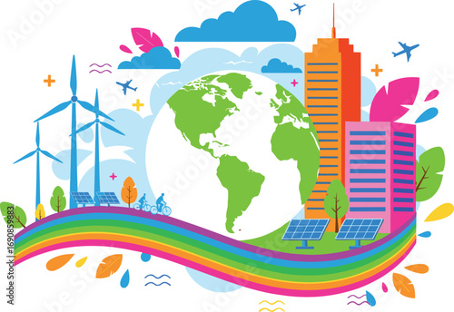 Eco-friendly city with wind turbines, solar panels, cyclists, green buildings, and Earth illustration promoting renewable energy and sustainability