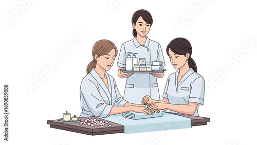 Skilled female beauticians in uniform attentively performing a professional manicure service for a client in a clean salon setting
