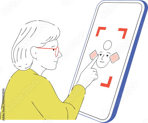 Elderly woman with glasses uses smartphone face recognition technology in scalable vector illustration white background