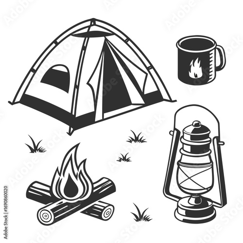 A collection of camping essentials including a tent campfire lantern and mug depicted in a simple stylized black and white graphic illustration on a white background