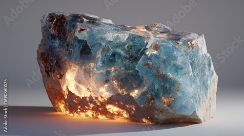 Blue and white textured mineral rock with illuminated edges for natural stone decor