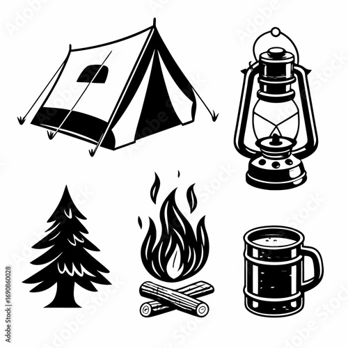 A collection of classic camping icons including a tent kerosene lantern campfire with logs a pine tree and a mug all rendered in a bold black and white graphic style perfect for adventure themes