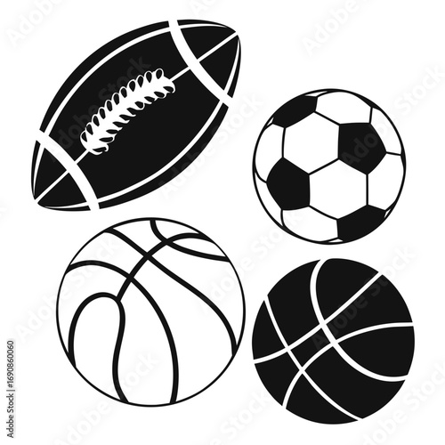A black and white illustration featuring a collection of four distinct sports balls including a classic american football a soccer ball and two basketballs all isolated on a white background