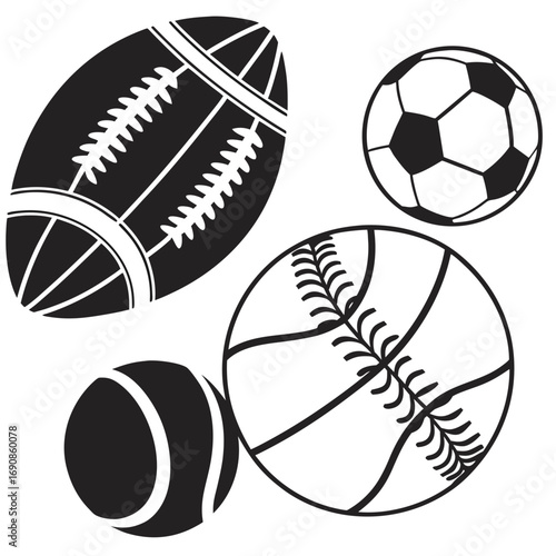 A collection of four different sports balls including american football soccer baseball and tennis balls rendered in a simple black and white silhouette style