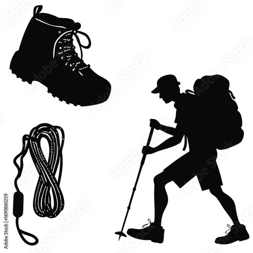 Black silhouette of a hiker with a large backpack and trekking pole alongside a hiking boot and a coiled rope representing outdoor adventure and exploration