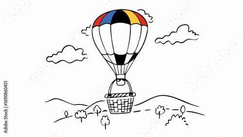 Illustration of a hot air balloon flying over a landscape.