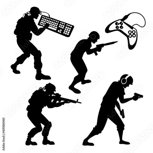 Silhouettes of gamers in action holding keyboards game controllers and firearms representing the intense world of competitive video gaming and esports
