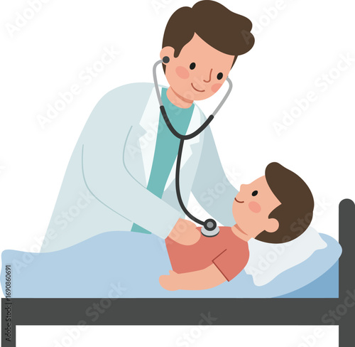 Cute Cartoon Doctor Examining Little Boy Illustration at Hospital Bed