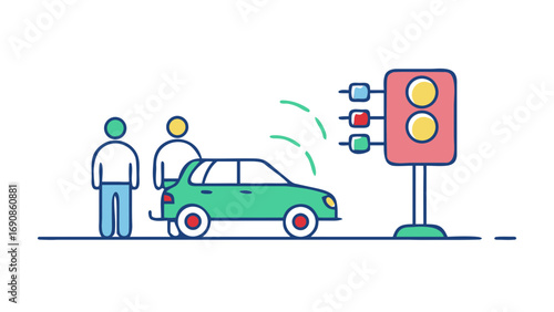Illustration of a self-driving car communicating with a traffic light.