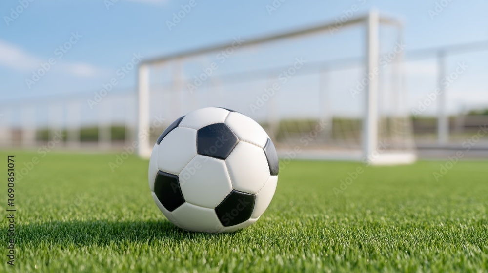 Fototapeta premium Close-up of a Classic Black and White Soccer Ball on a Lush Green Field with a Goalpost in the Background Against a Clear Sky