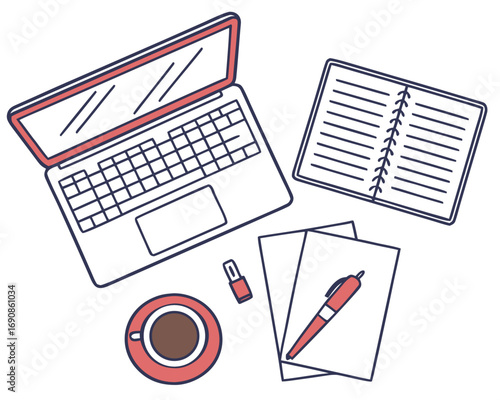 Online shopping list on a laptop with a pen and notebook, financial report, and data analysis chart