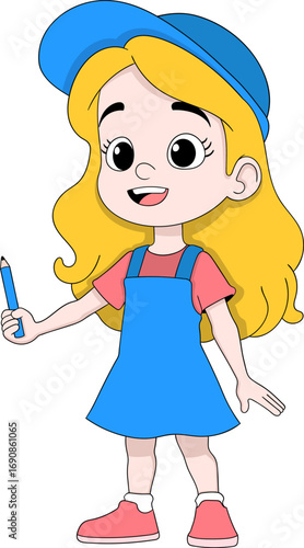 Cartoon Schoolgirl with Pencil in Blue Dress Illustration