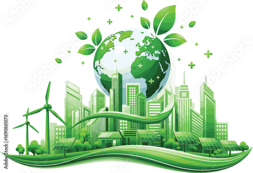 Eco friendly sustainable city with renewable energy, green earth, solar panels, wind turbines, eco buildings, future urban landscape, environment