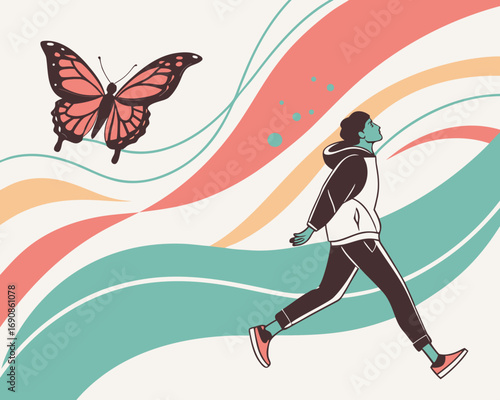 Vector cartoon illustration of a man playing soccer in the summer sun.