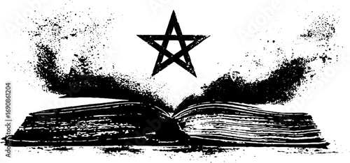 Mystical grunge open book with pentagram in black and white for spiritual design