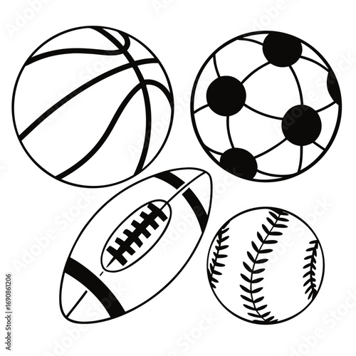 A collection of four classic sports balls including a basketball soccer ball american football and baseball depicted in a simple black and white line art style on a white background