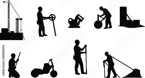 Construction workers and equipment silhouettes with crane, concrete mixer, rebar cutting, road roller, and survey tools for building site, industrial, and engineering projects