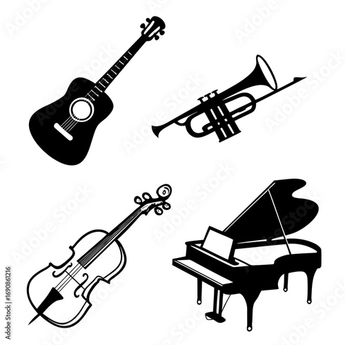 A collection of black silhouette musical instruments including a guitar trumpet violin and grand piano on a white background representing diverse music genres and styles