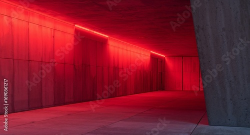 Concrete Passage in Scarlet Luminescent Illumination, Abstract Space Perspective.