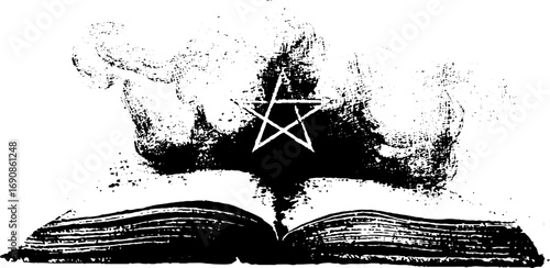 Grunge black and white mystical open book with pentagram design for spiritual art