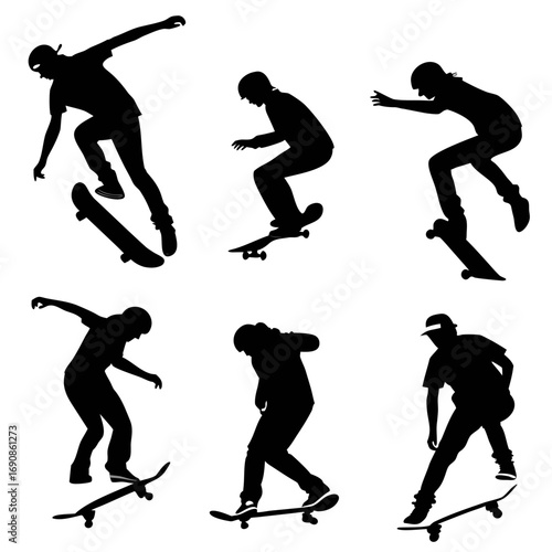 Collection of six black silhouettes of skateboarders performing various tricks and stunts on their skateboards against a white background capturing dynamic movement and athletic poses