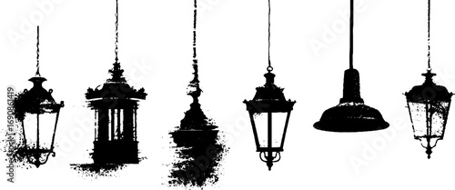 Grunge black and white ornate lantern silhouettes for vintage urban design