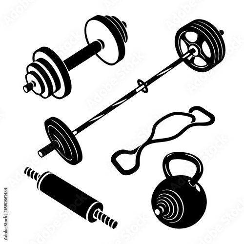 Collection of black silhouette fitness equipment including a barbell dumbbells kettlebell resistance band and roller for strength training and exercise routines