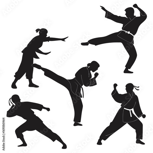 Silhouettes of martial artists in various dynamic action poses demonstrating combat techniques and fighting stances on a white background