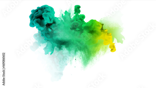Colorful explosion of green, yellow and blue paint in water.