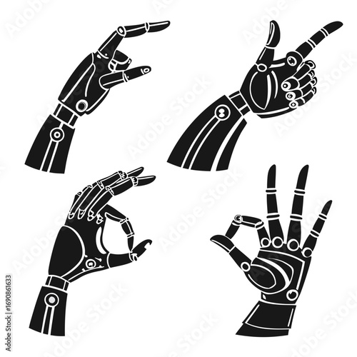 Set of four black robotic hands in different gestures including pointing pinching and making the okay sign isolated on a white background representing technology and artificial intelligence