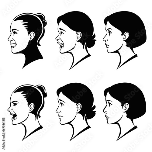 Set of six black and white profile illustrations of young women s faces displaying a range of emotions from joy and surprise to sadness and contemplation