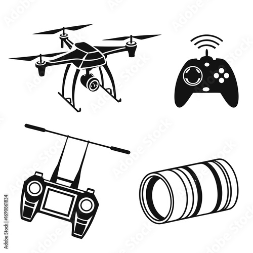 Collection of drone related icons including a flying drone with camera a remote control with signal waves another drone controller and a camera lens