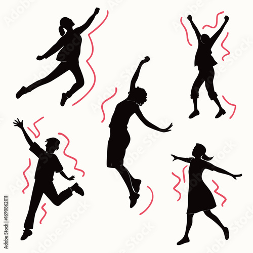 Diverse group of people in silhouette jumping and dancing with energetic wavy lines symbolizing movement and celebration against a plain background